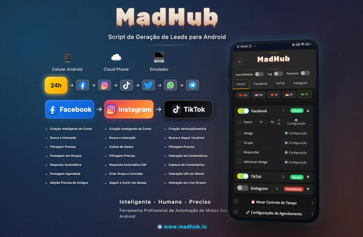 Ferramenta de Script de Automação Instagram TikTok Facebook - MadHub