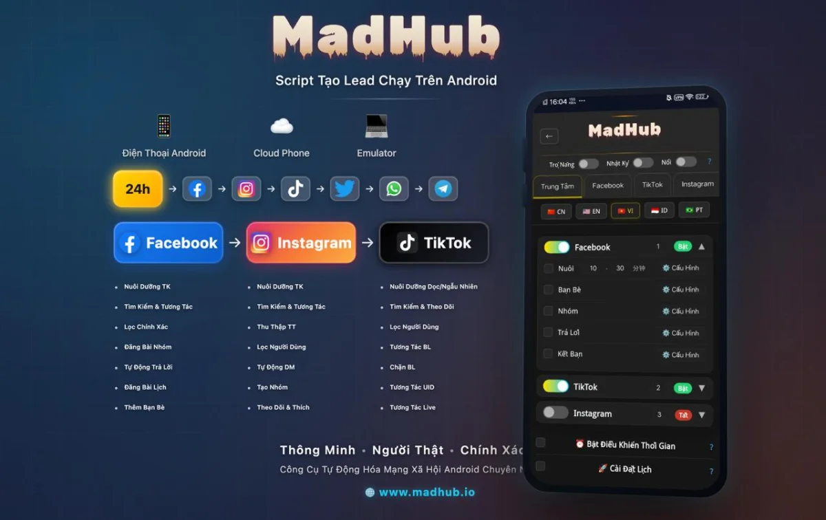 Công Cụ Script Tự Động Hóa Instagram TikTok Facebook - MadHub