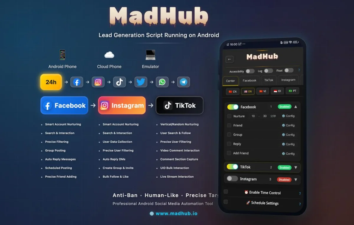 Instagram TikTok Facebook Automation Script Tool - MadHub